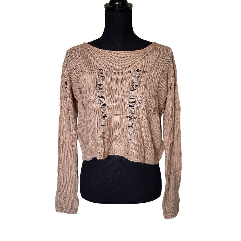C’est Toi Womens Crop Top Light Brown Tan Open Knit Round Neck Long Sleeve Sweat